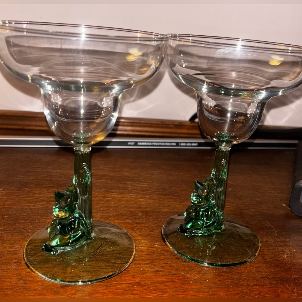 4 Vintage Mexican Margarita Glasses - Green Sombrero Stem - Artisan Glassware - Picture 3 of 8